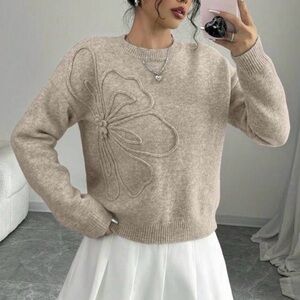 Elegant Beige to Khaki Sweater with Floral Design